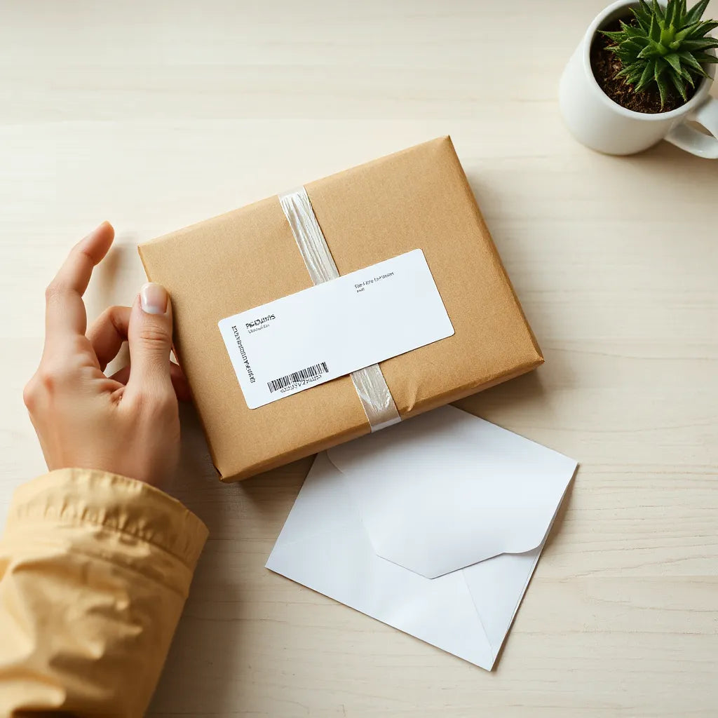 Sealed parcel and returns envelope on a light desk, suggesting an easy refund process