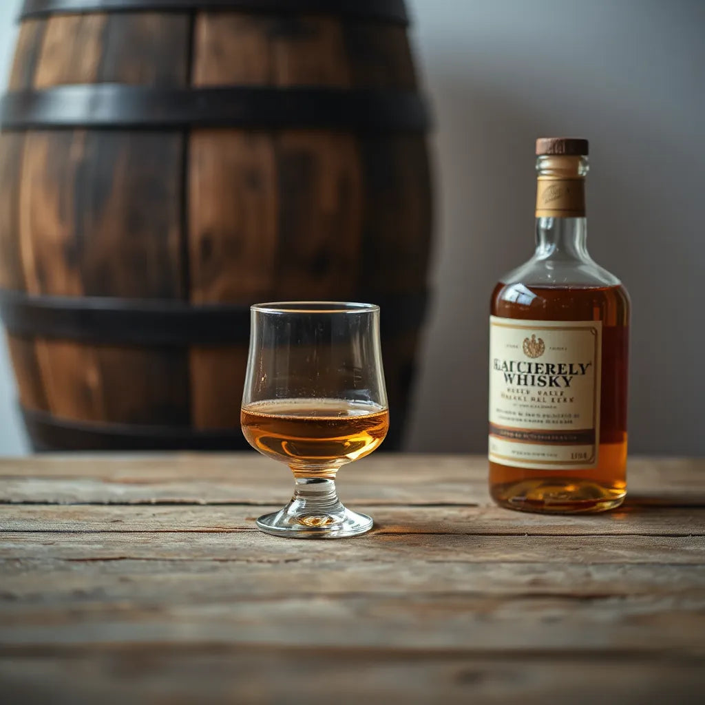 Amber Highland single malt whisky in a glass with a bottle on a wooden table