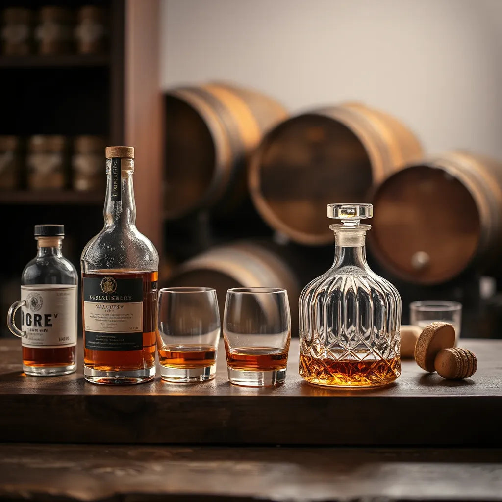 Warmly lit bottles of aged whisky on a wooden cabinet with softly blurred barrels in the background
