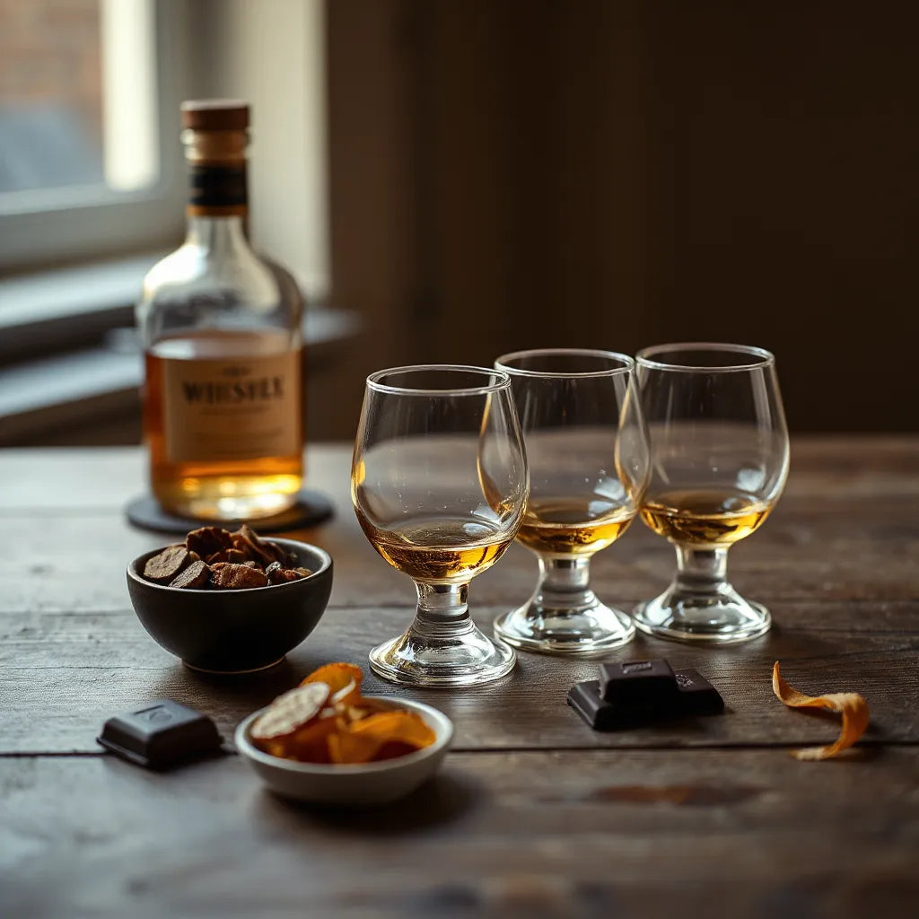Three whisky tasting glasses on a dark table with oak chips and citrus peel for flavour profiling.