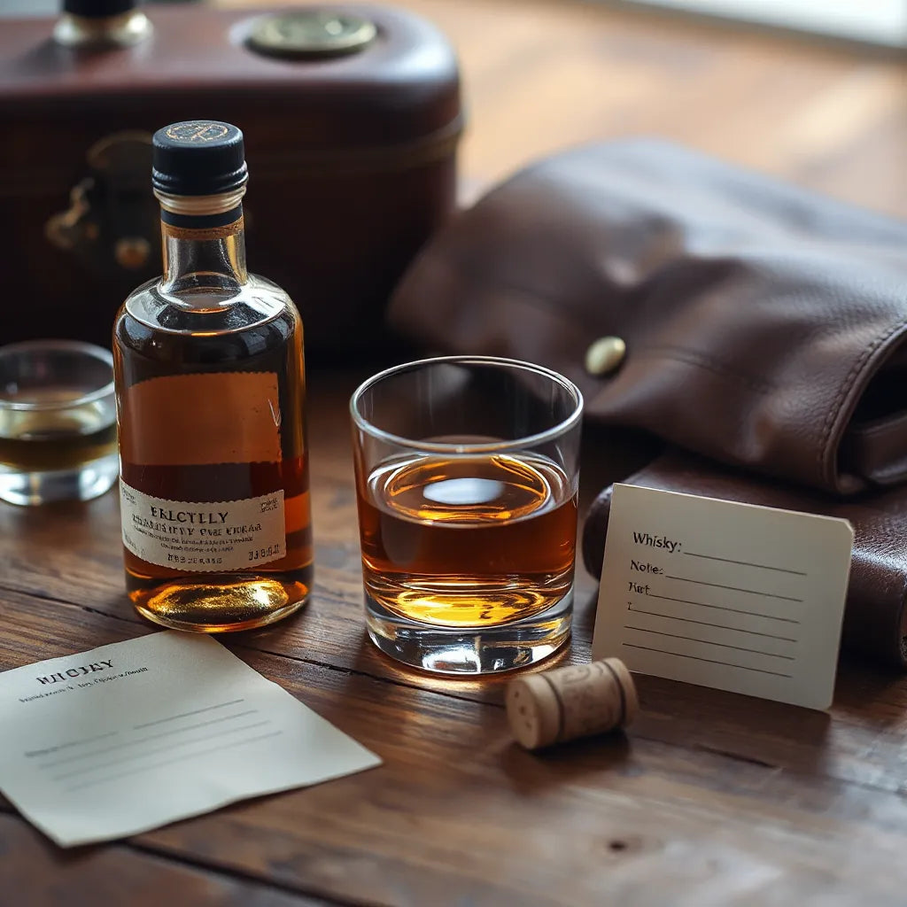 Amber vintage-style Scotch bottle and tumbler on a warm oak bar with subtle whisky accessories