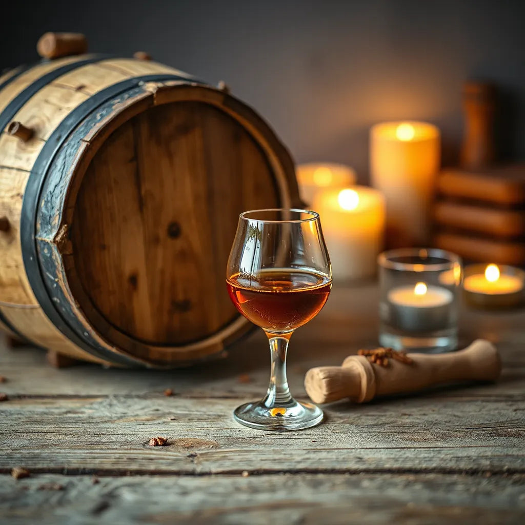 Amber aged whisky in a tulip glass beside a wooden whisky cask in warm light