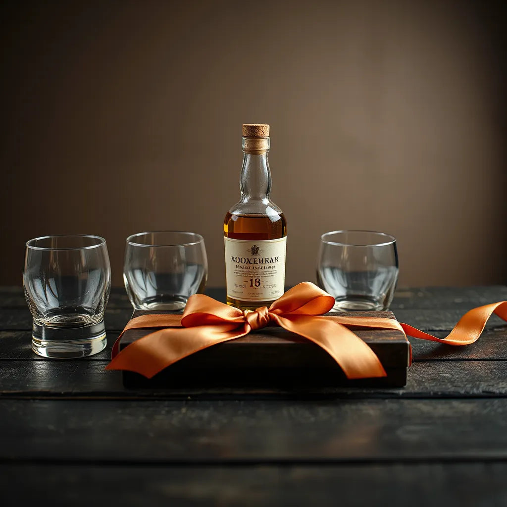 A whisky bottle and two tumblers arranged in a ribboned gift box on a wooden surface