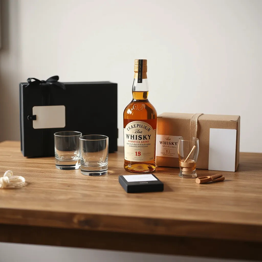 Assorted whisky gift sets with a bottle, two tumblers, and a neatly wrapped gift box on a wooden table