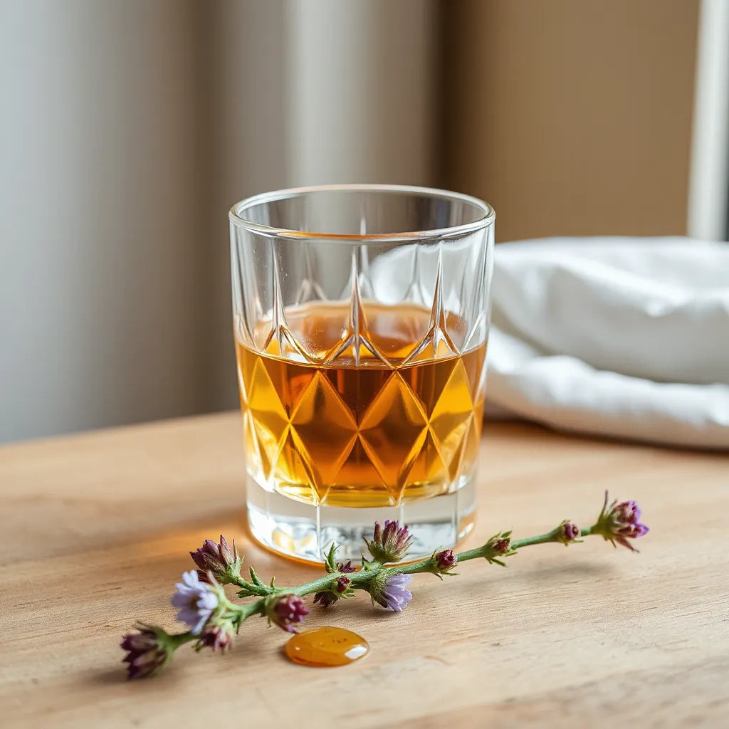 Amber heather honey whisky in a crystal tumbler with heather sprigs and honey on warm wooden background