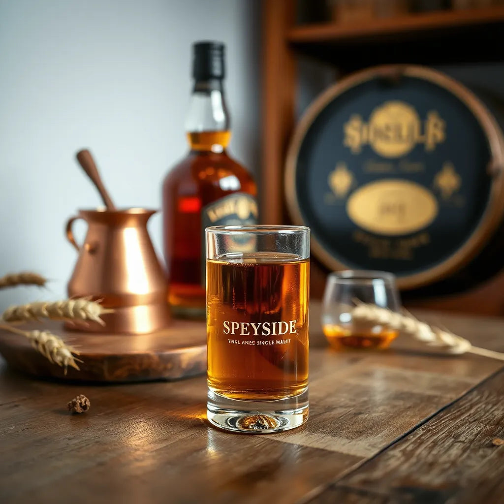 A dram of golden whisky with a copper still and oak casks softly blurred in the background