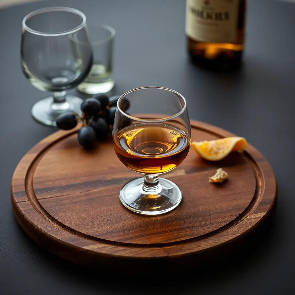 Golden whisky dram in a glass with a wooden tasting board, grapes, and orange peel