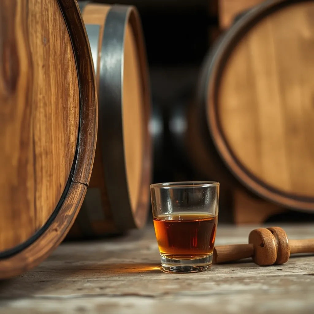 Amber sherry-toned whisky resting near seasoned European oak barrels in a softly lit cellar setting