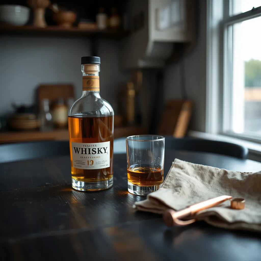 Single whisky bottle with amber dram and glass on dark wood under warm light