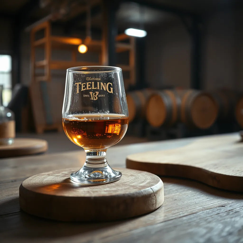 Amber small batch Irish whiskey in a tumbler with warm distillery background and oak casks