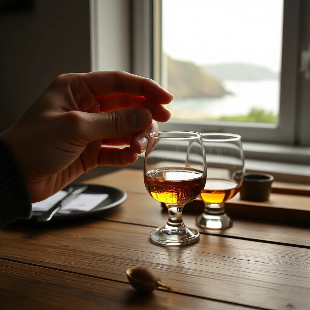 Glencairn glass filled with amber whisky on a wooden table with a softly blurred Scottish coastal backdrop