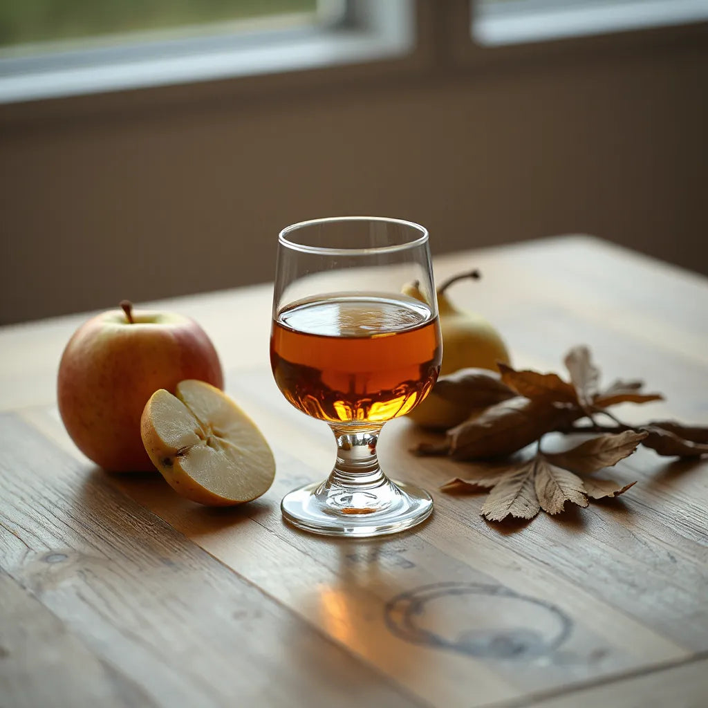 Amber dram in a glass with fresh apple and pear beside it on a wooden table