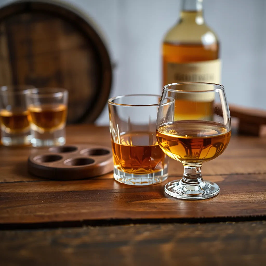 Golden scotch in a crystal tumbler with warm lighting on a wooden tasting table