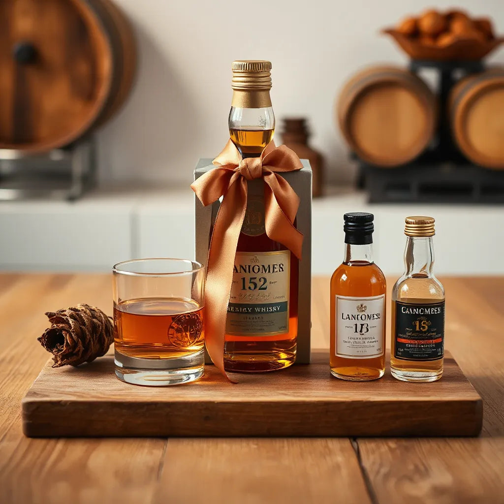 Neatly arranged whisky gift set with amber whisky glass, bottle and mini bottles on a wooden table