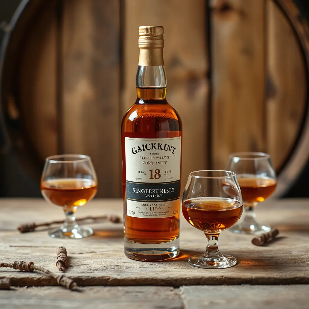 Amber single malt whisky bottle and dram glasses on a wooden table with warm golden lighting