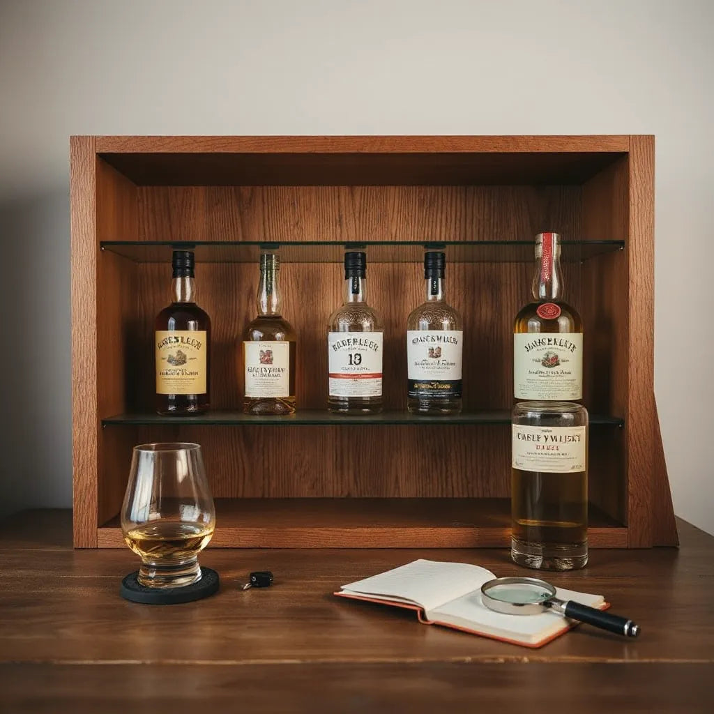 Whisky bottles on glass shelves with a tasting glass, notebook, and warm lamp light