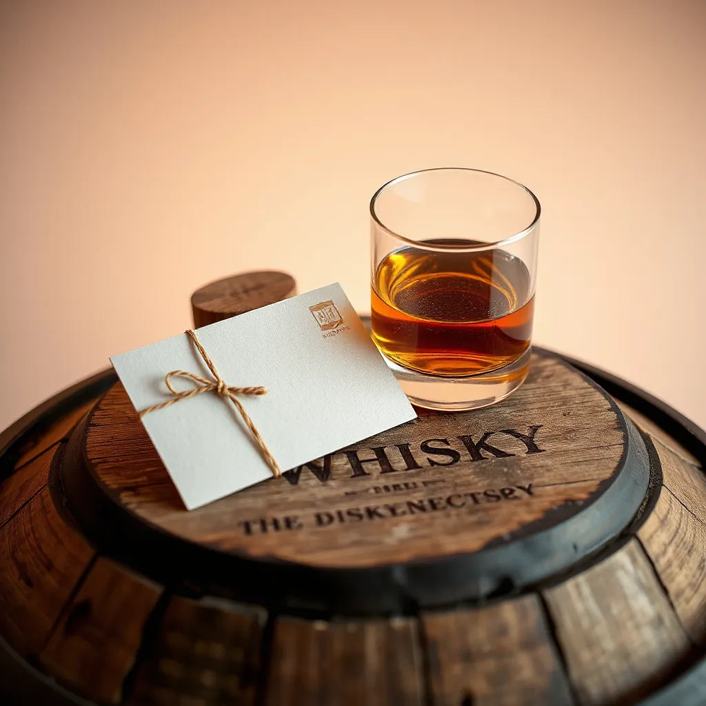Whisky gift card beside an amber whisky glass on a wooden barrel with warm lighting