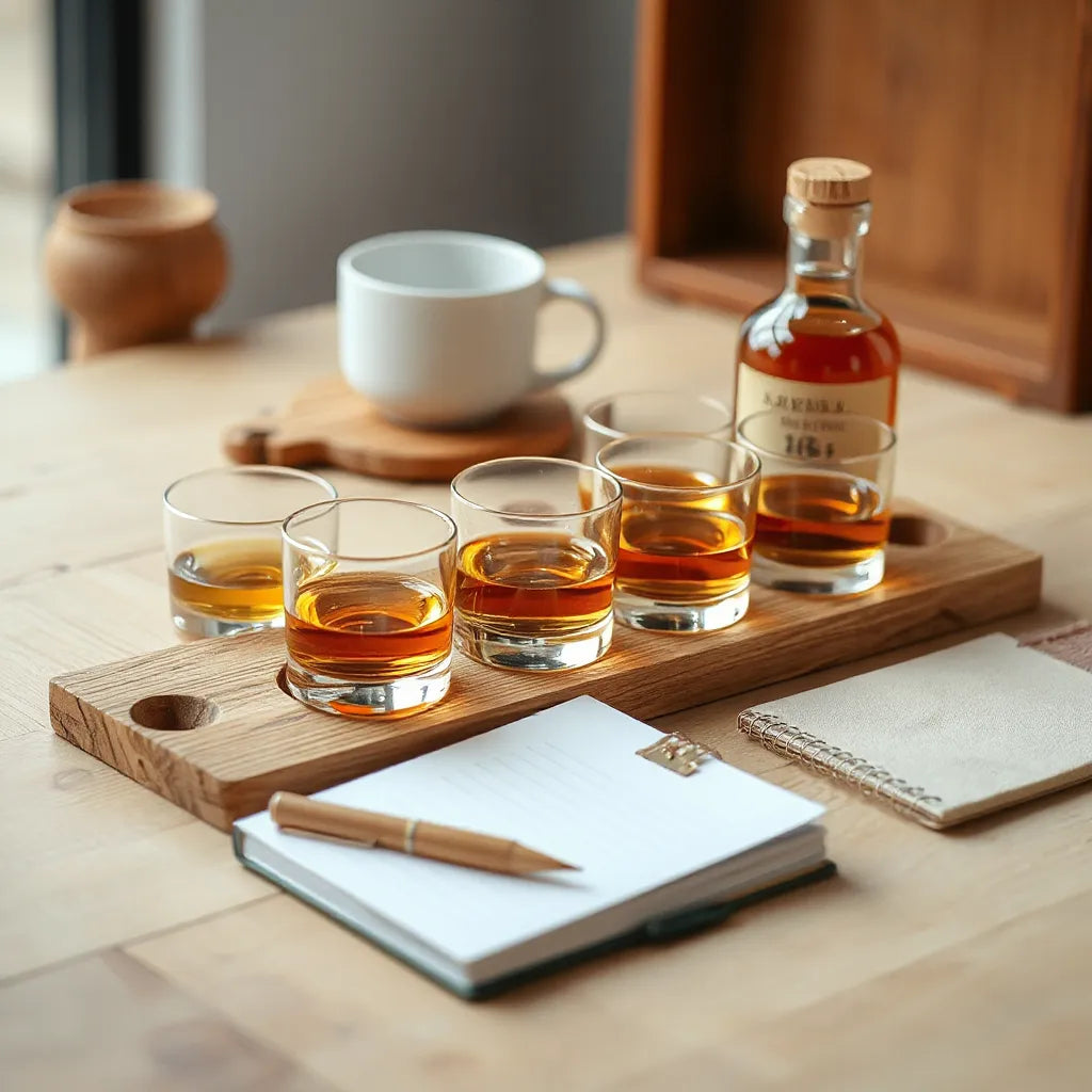 Amber whisky tasting glasses on a wooden flight tray beside a small bottle and notebook