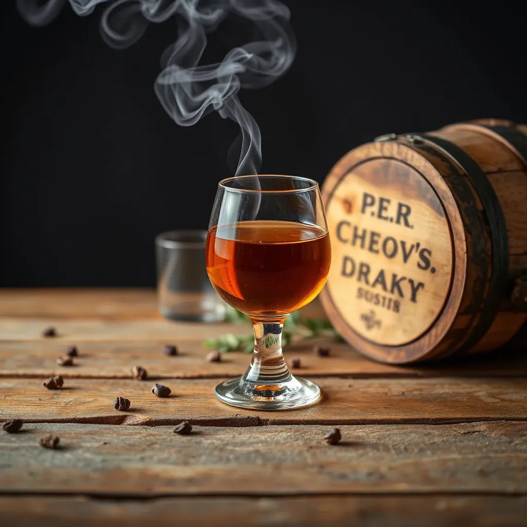 Amber whisky in a dram glass with subtle smoky haze on a wooden table beside a small cask