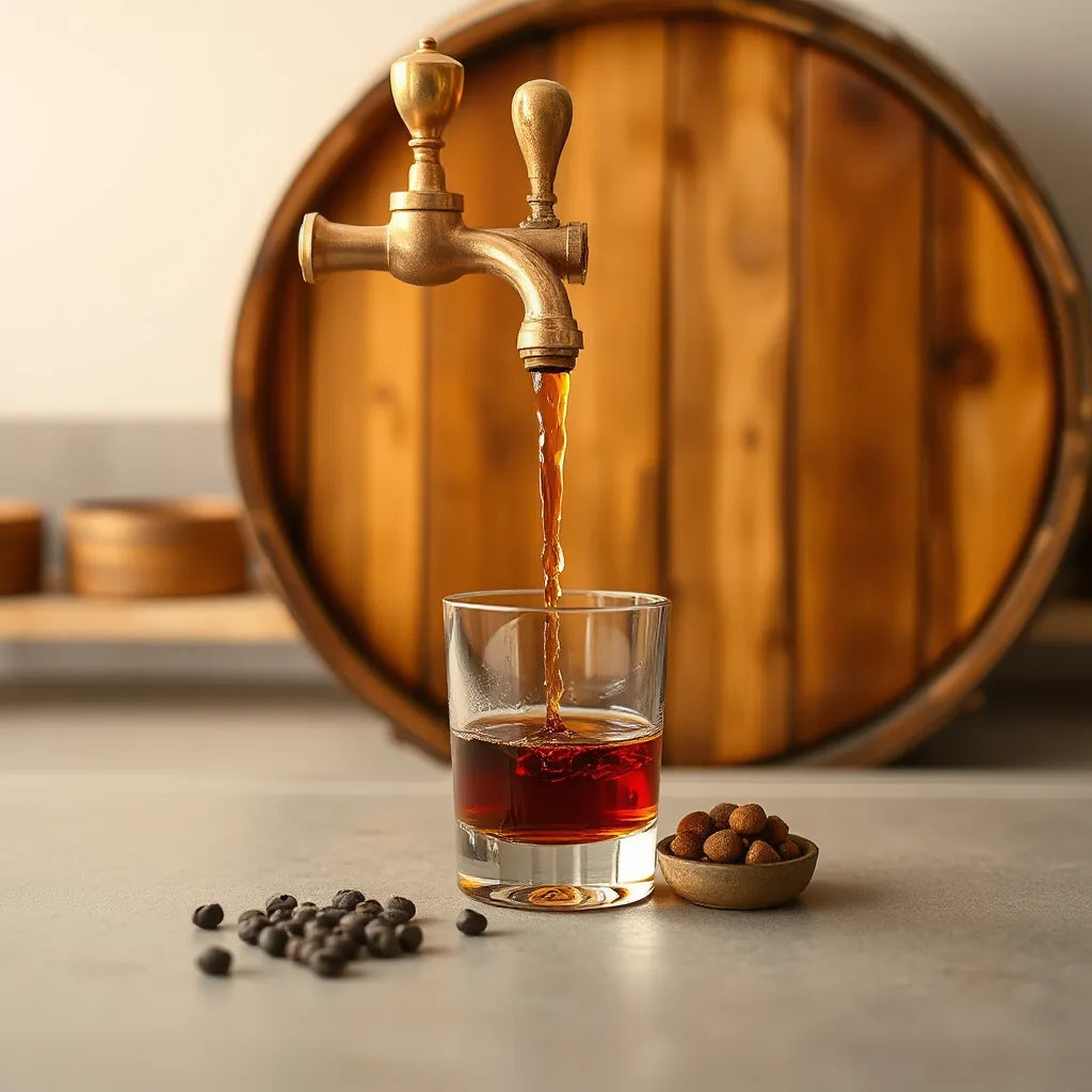 Dark amber whisky pouring from a wooden cask into a small glass with warm barrel textures in the background