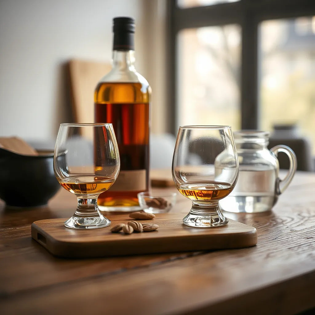 Three whisky glasses and a bottle on a wooden table with warm amber lighting
