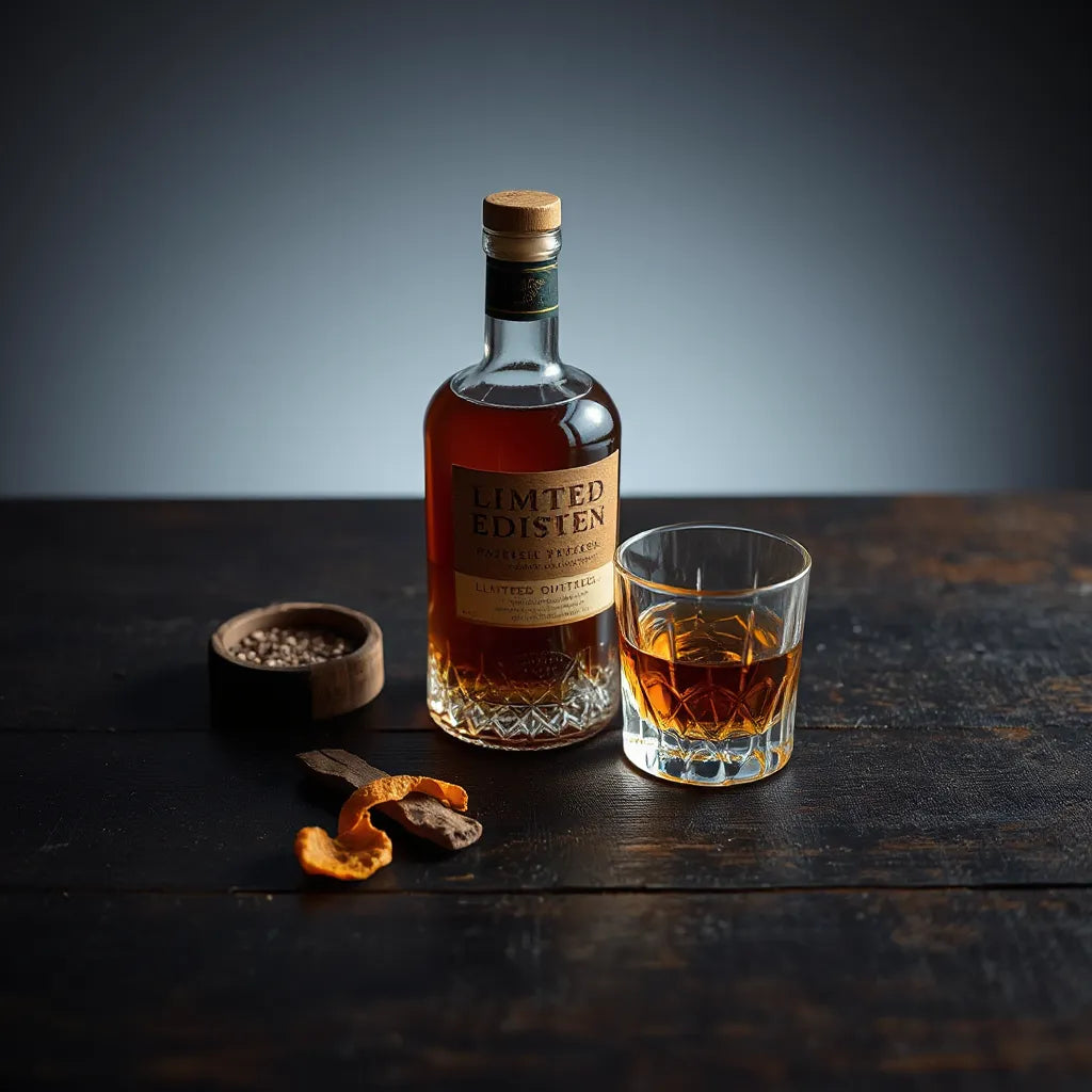 Amber whisky in a glass beside a capped bottle on a dark wooden table with warm side lighting