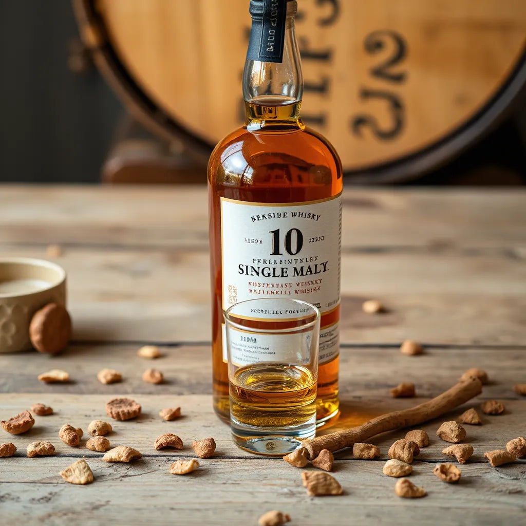Single malt whisky bottle and glass with amber liquid on a warm wooden background