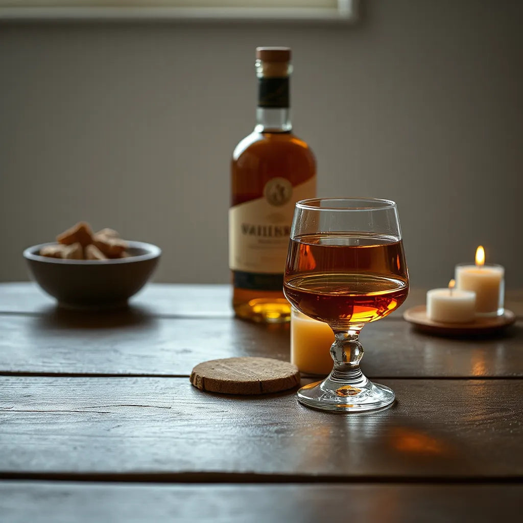 Amber whisky in a glass beside a bottle on a dark wooden table with warm natural light