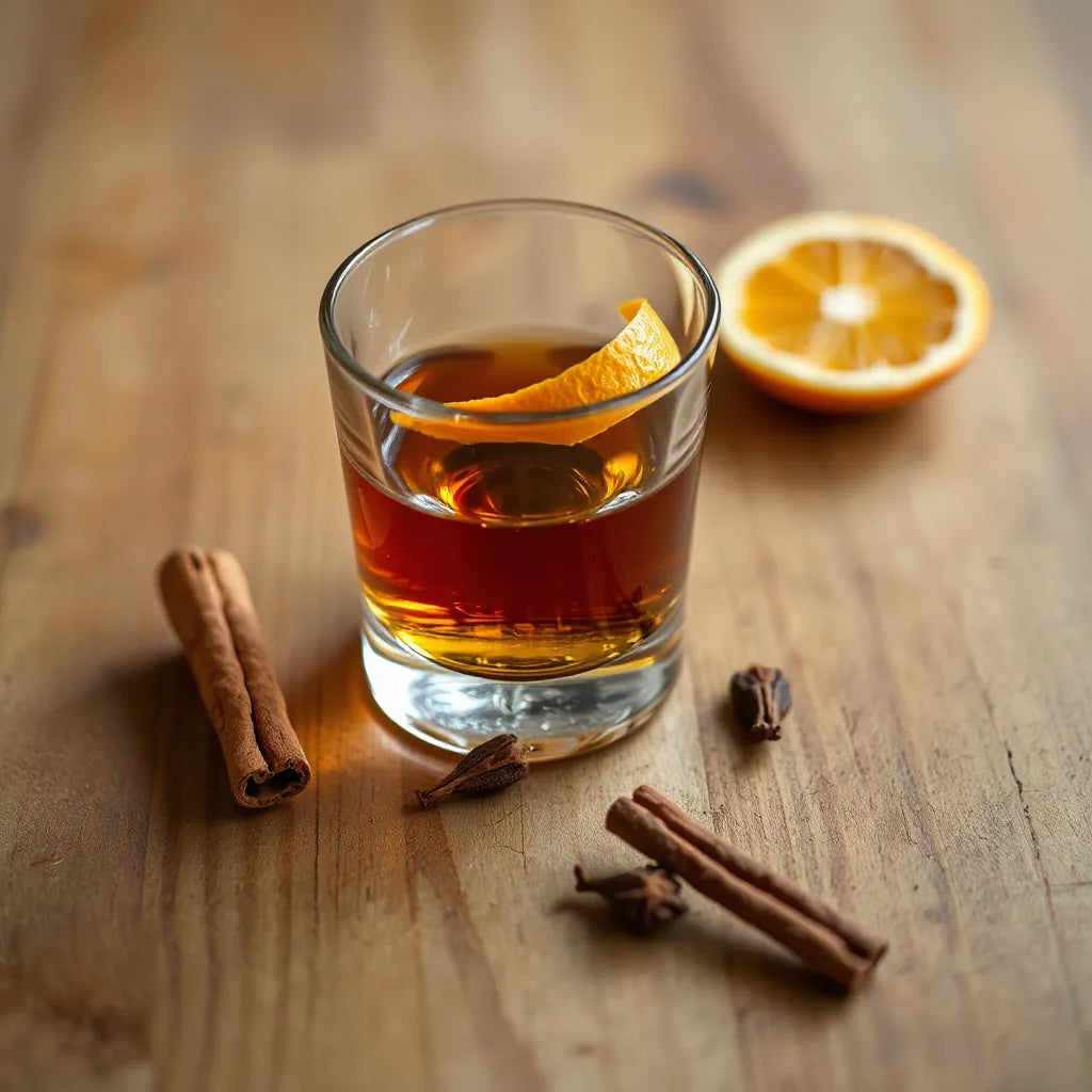 Amber whisky in a tumbler with orange peel and cinnamon and cloves on a wooden table