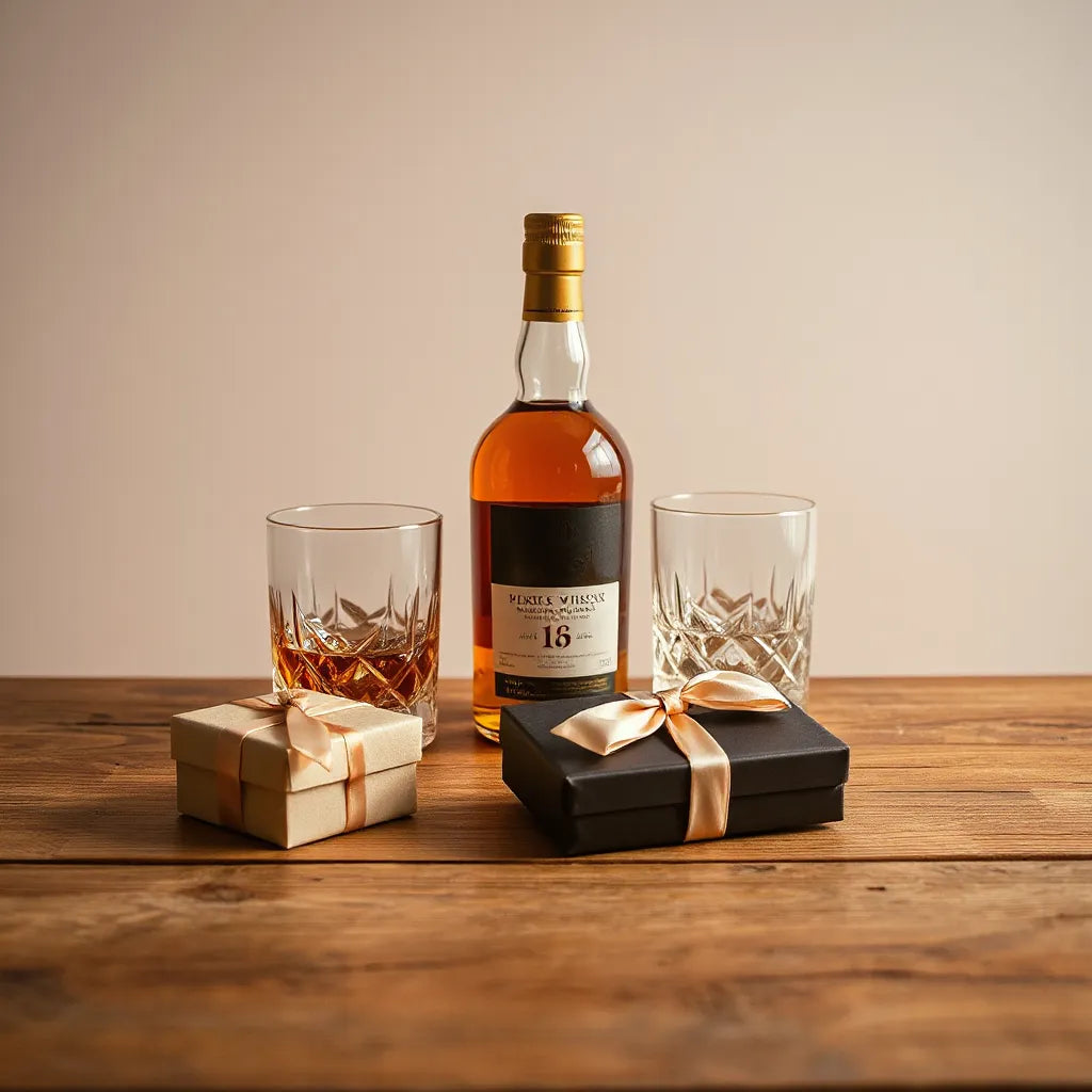 Premium whisky bottle with crystal glasses and a ribboned gift box on a warm wooden table