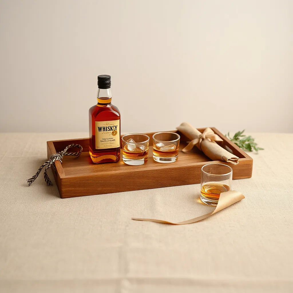 Wooden gift tray with a whisky bottle, two tumblers with ice and a ribbon, styled for a thoughtful whisky present.
