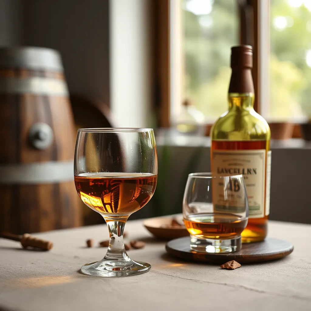 Amber whisky in a glass with a bottle and warm barrel-toned background for tasting notes