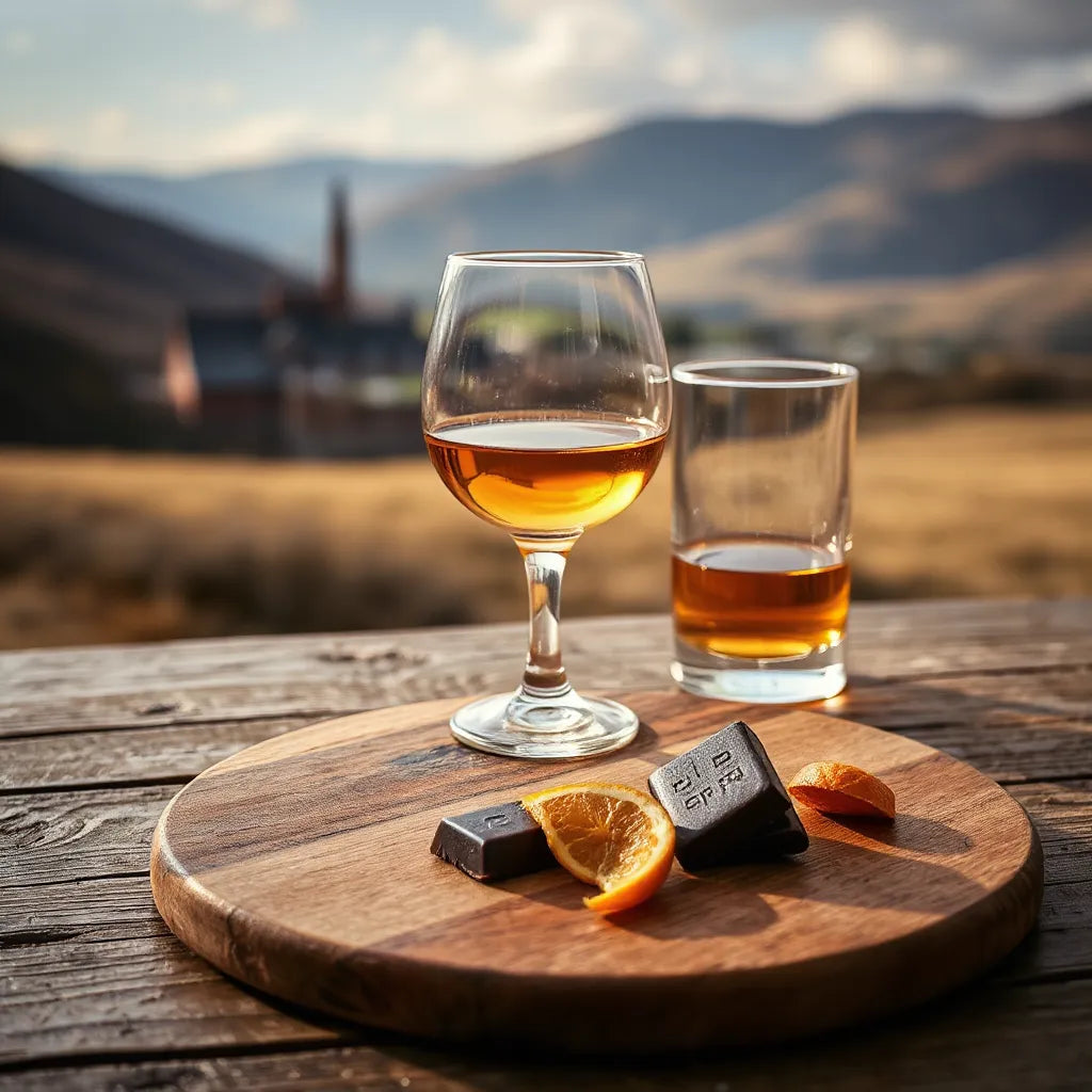 Amber whisky in a glass on a wooden table with simple pairings and a soft Speyside landscape background.