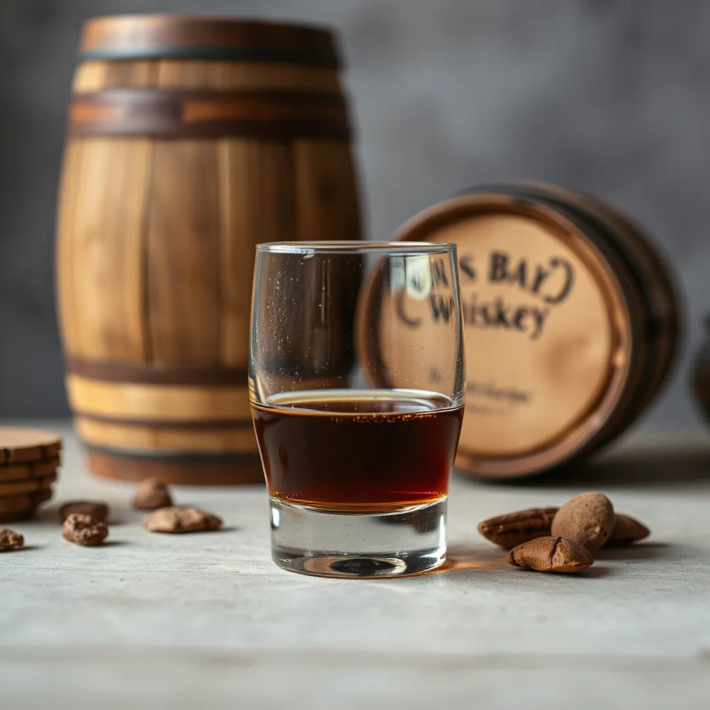 Amber whisky in a dark tumbler with warm light and a blurred wooden barrel behind it