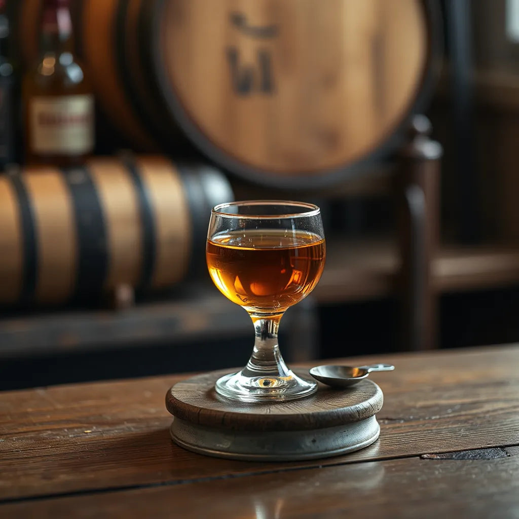 A glass of golden whisky with warm lighting and softly blurred cask in the background