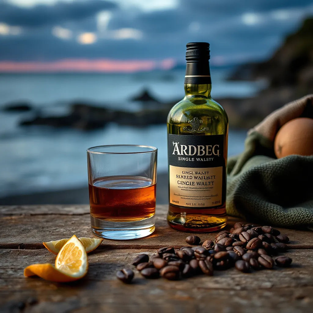 Amber whisky in a lowball glass with gentle smoke, citrus peel, and dark roasted beans on rustic wood