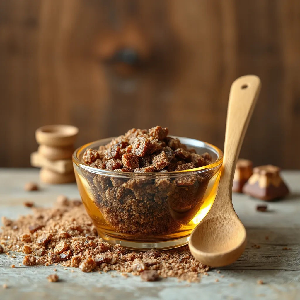Dark brown sugar crystals in a small bowl with a wooden spoon under warm amber light