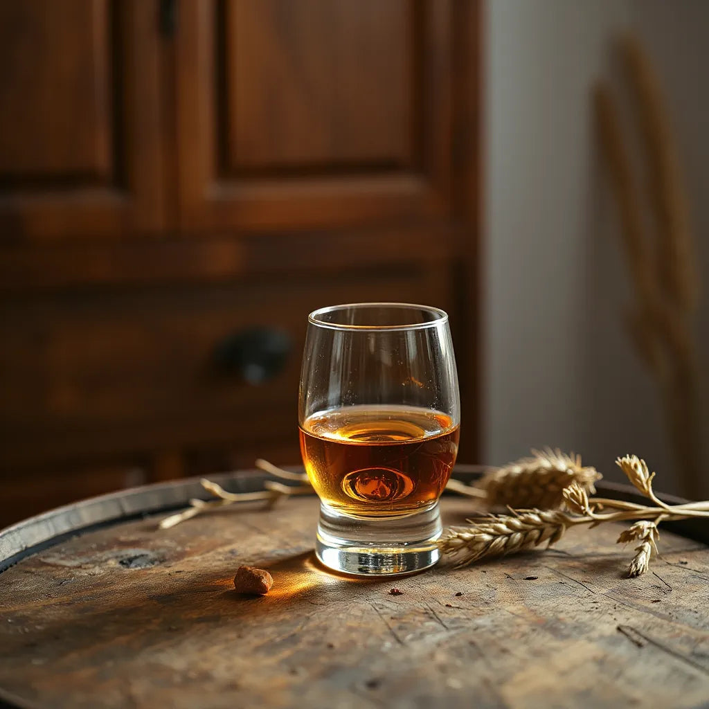 A glass of golden Speyside single malt whisky beside oak barrel and barley, softly lit with a warm glow.