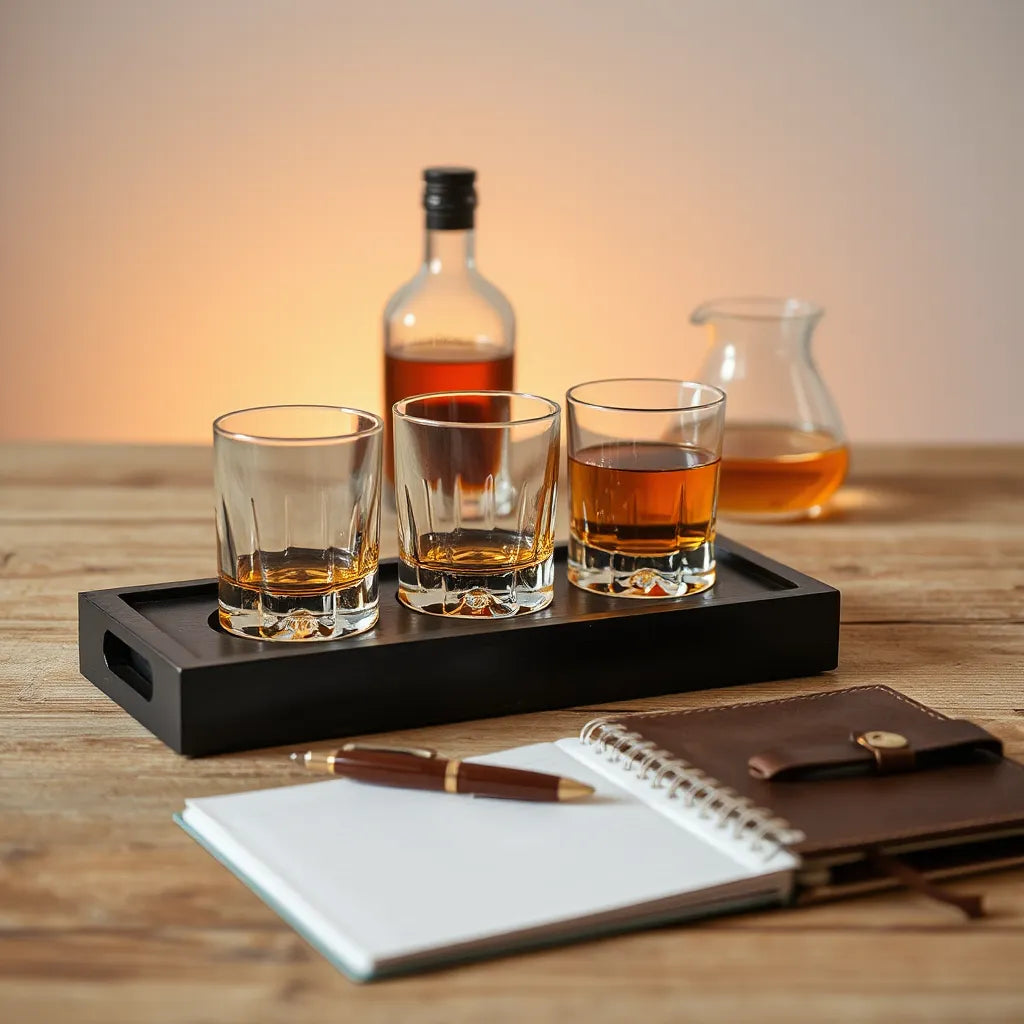 Amber whisky in tasting glasses on a wooden tray with water jug and notebook nearby