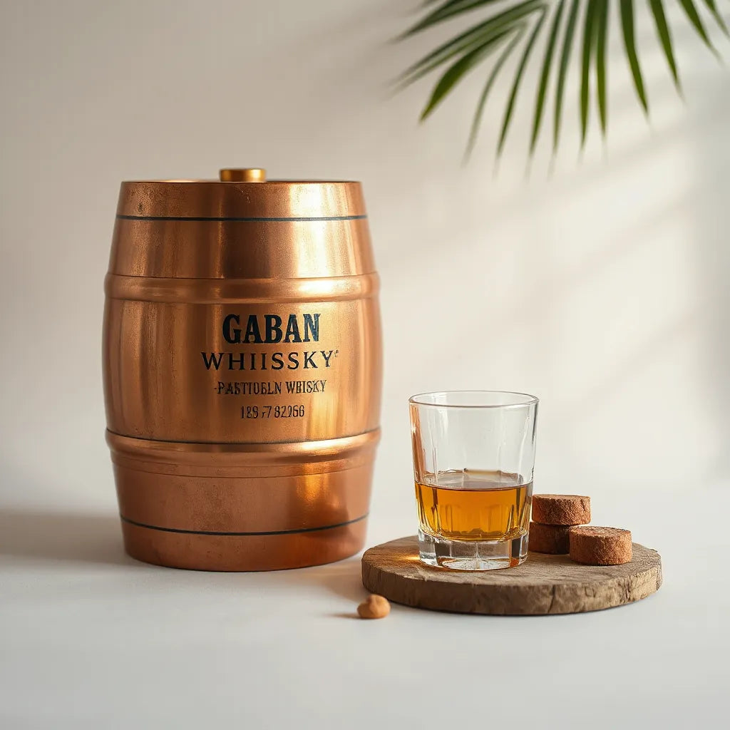 Golden whisky in a glass next to a wooden cask with warm light and subtle tropical shadows