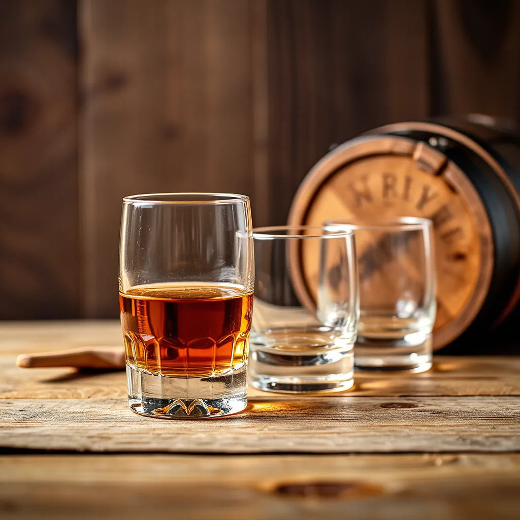 Amber whisky in a crystal tumbler with a tasting flight of empty glasses and a blurred wooden barrel backdrop