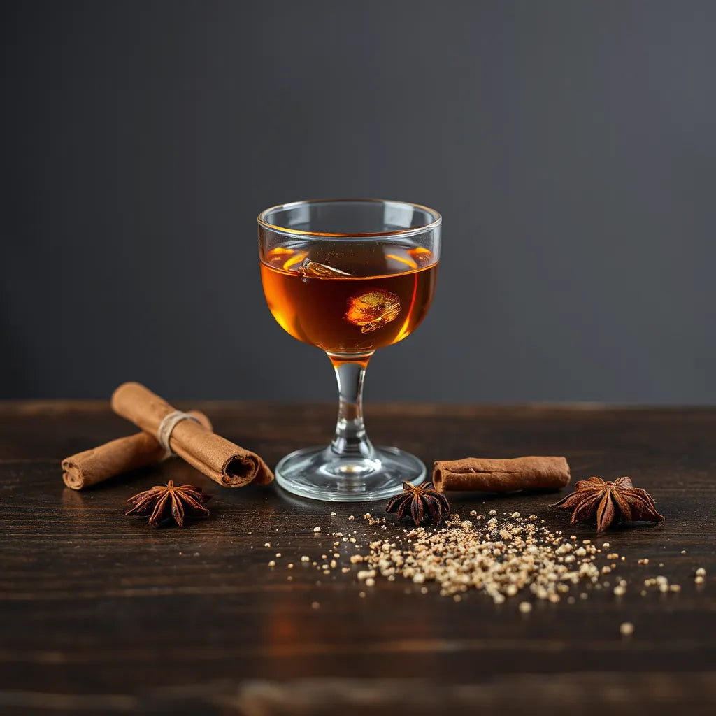 Tulip glass of amber Scotch whisky with cinnamon and star anise on a dark wooden surface