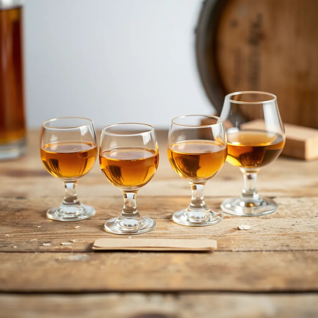 Three whisky tasting glasses with amber whisky on a wooden table, warm light and cask stave background
