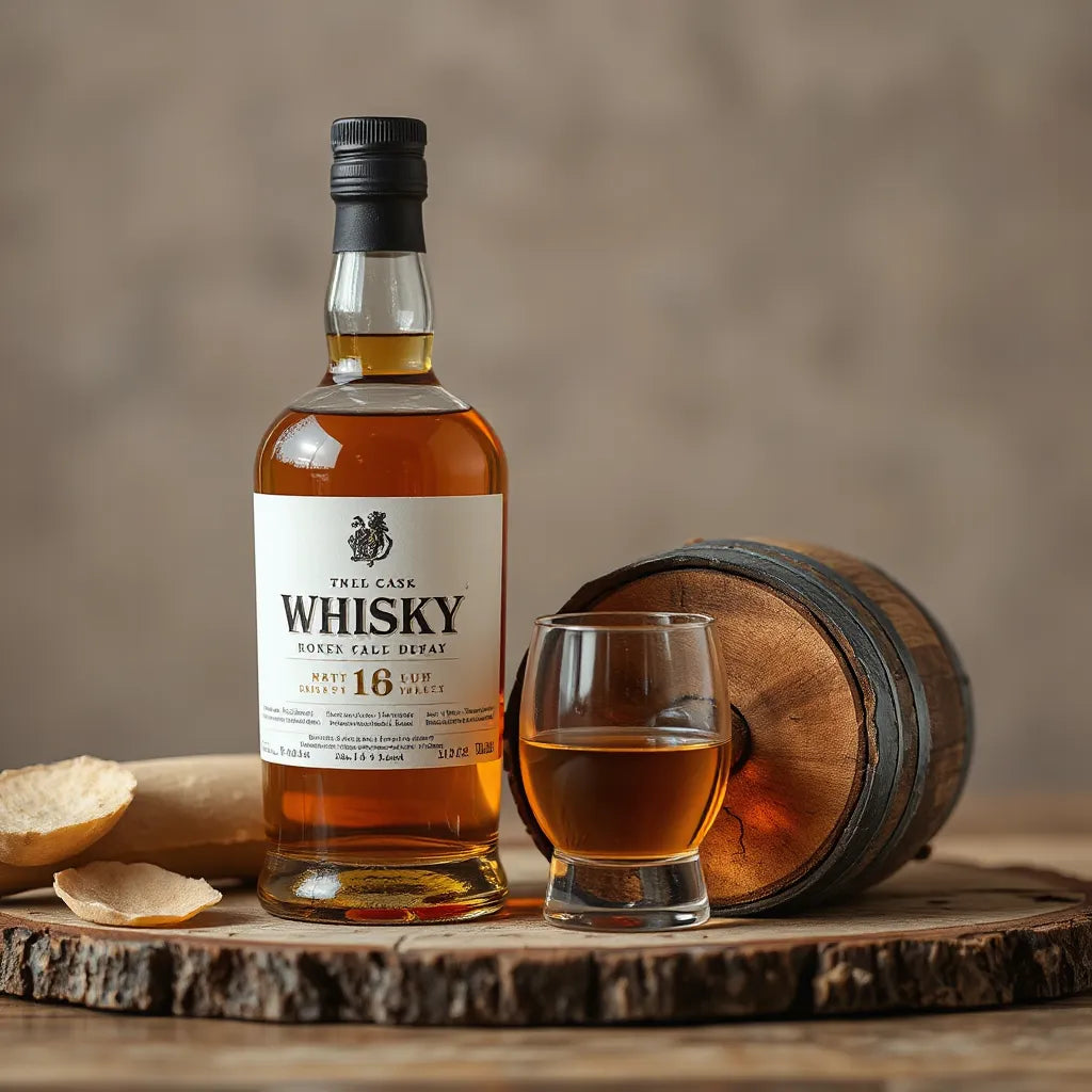 Single cask whisky bottle and glass with amber liquid beside oak barrel staves in warm lighting