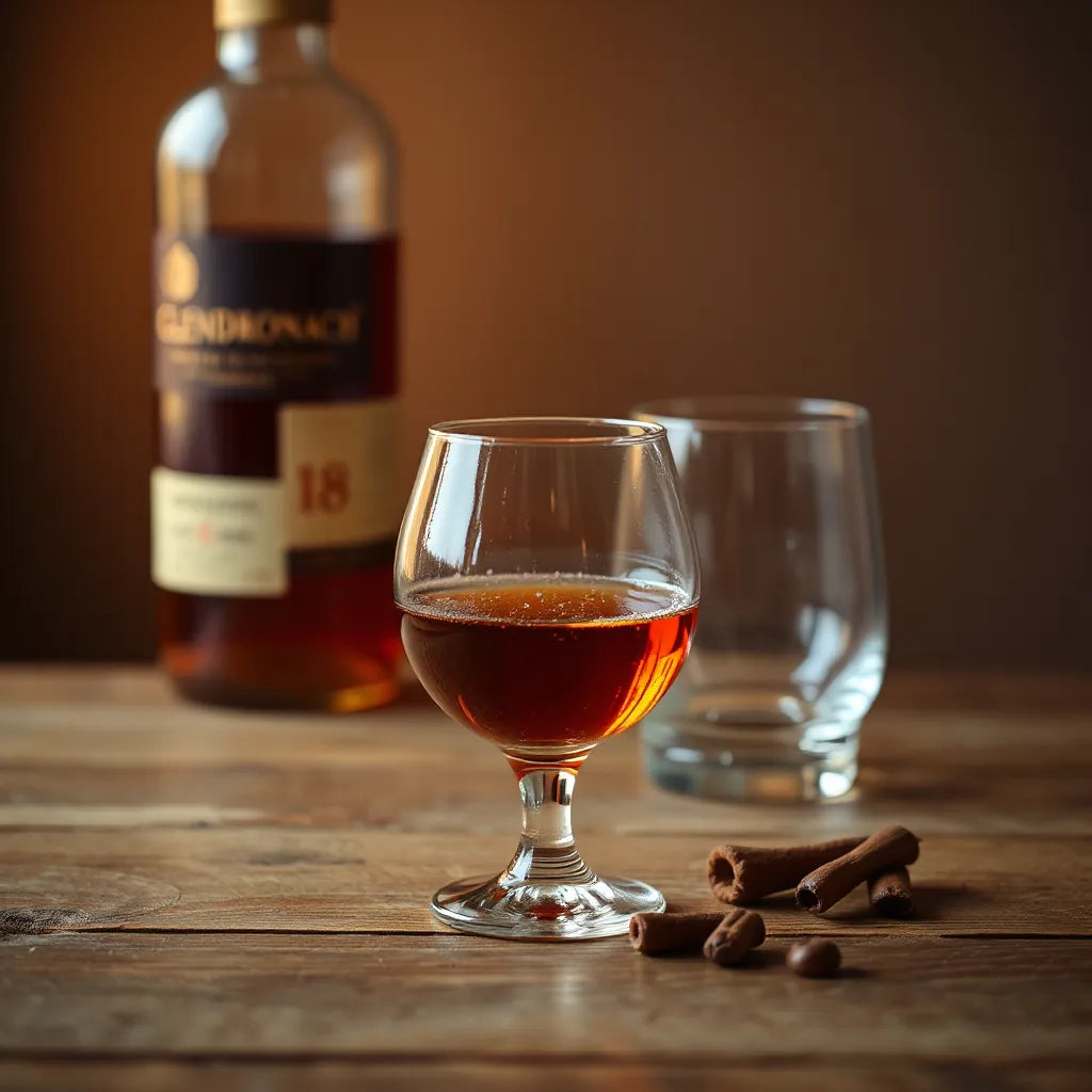 Dark amber single malt in a tulip glass with warm sherry tones in the background