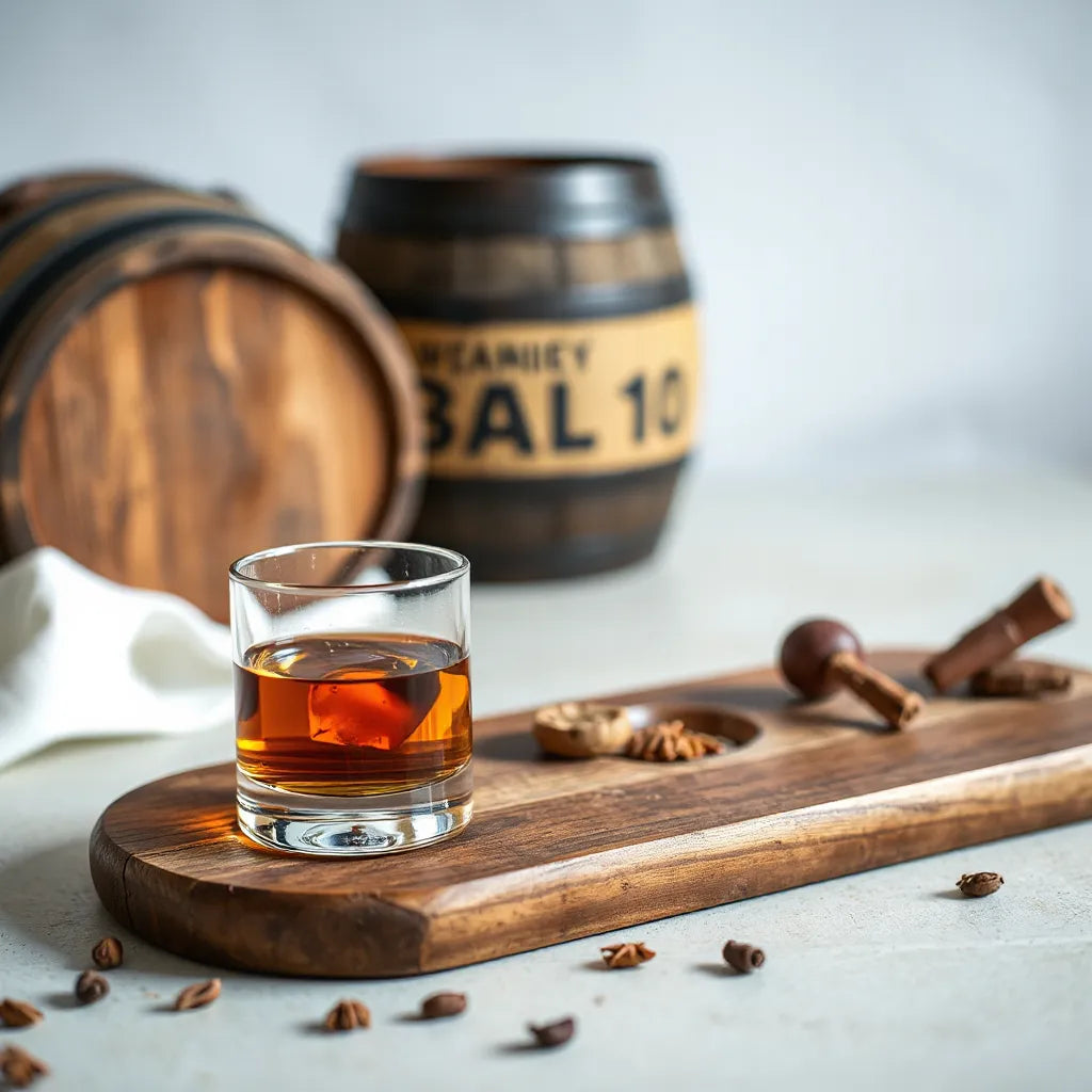 Amber whisky in a glass with three dark casks and warm wooden tasting accessories on a neutral table