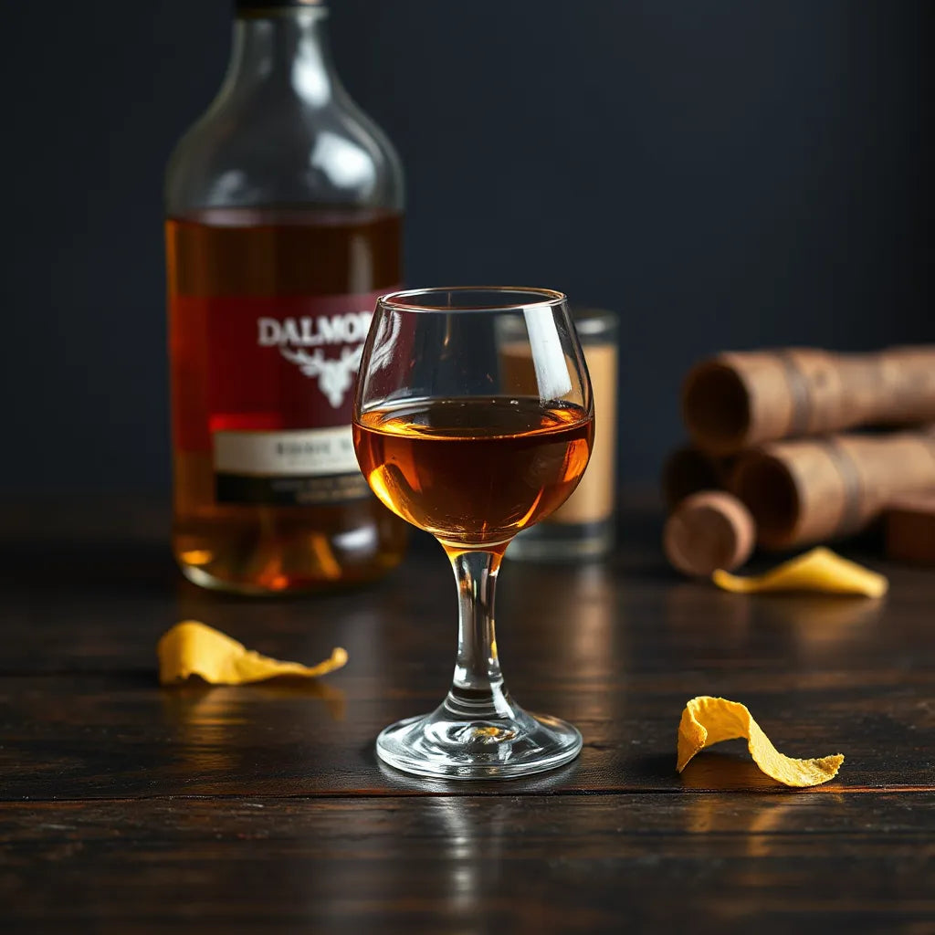 Amber whisky in a glass with warm lighting, oak barrel staves and subtle citrus beside it