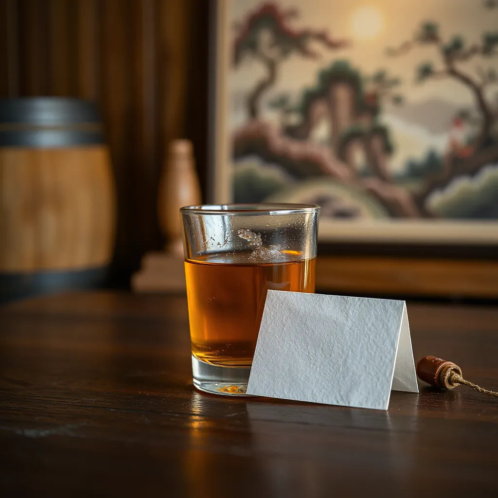 A glass of amber Chinese single malt whisky on a dark wooden table with soft warm lighting.