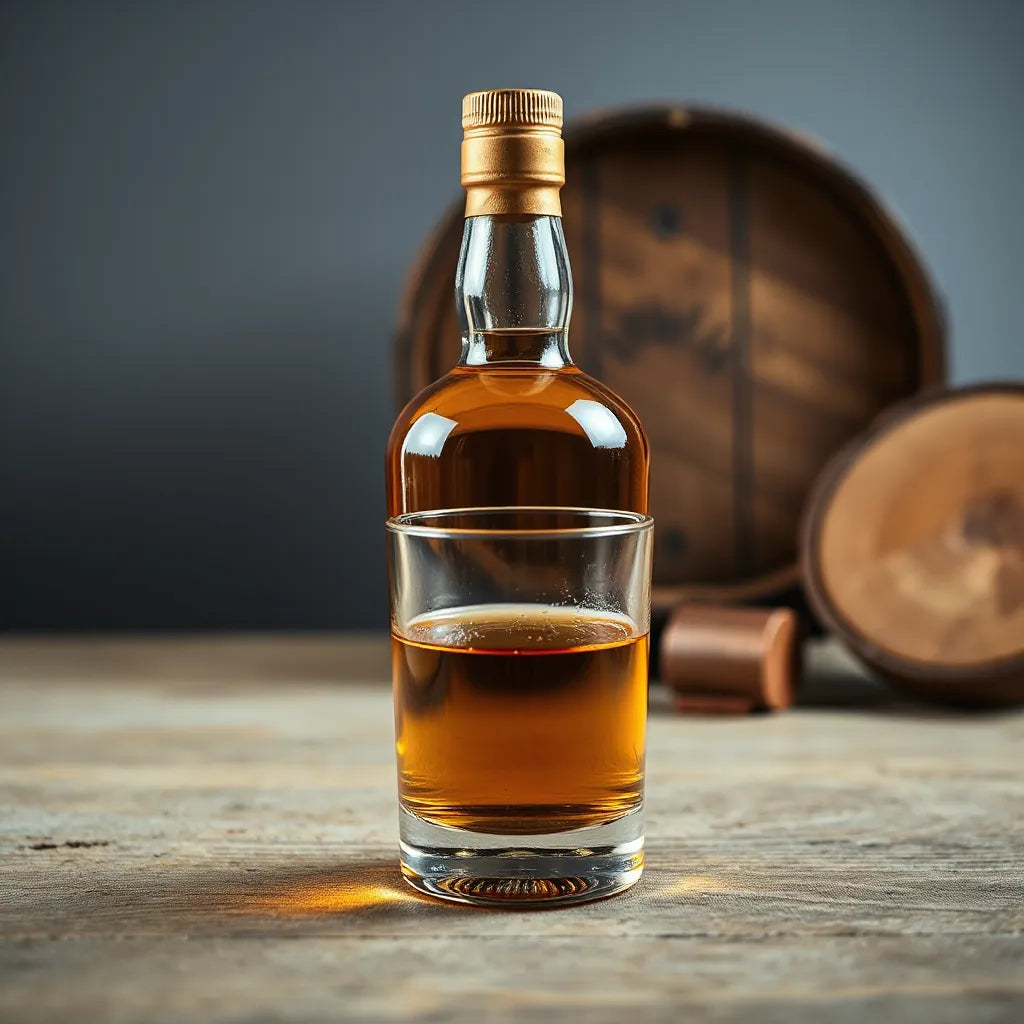 Amber whisky bottle and glass with warm oak barrel tones in soft golden light