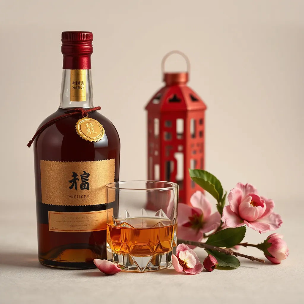 Amber whisky in a crystal tumbler with a bottle, red lantern, and plum blossoms on a softly lit table